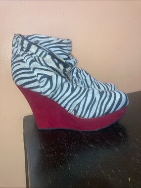 Rouge! Zebra-Print Wedge Booties with Red Platform